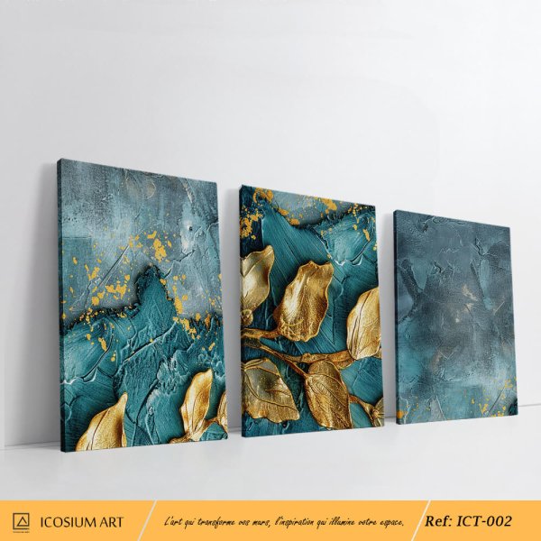 feuillage doré sur fond texturé bleu profond