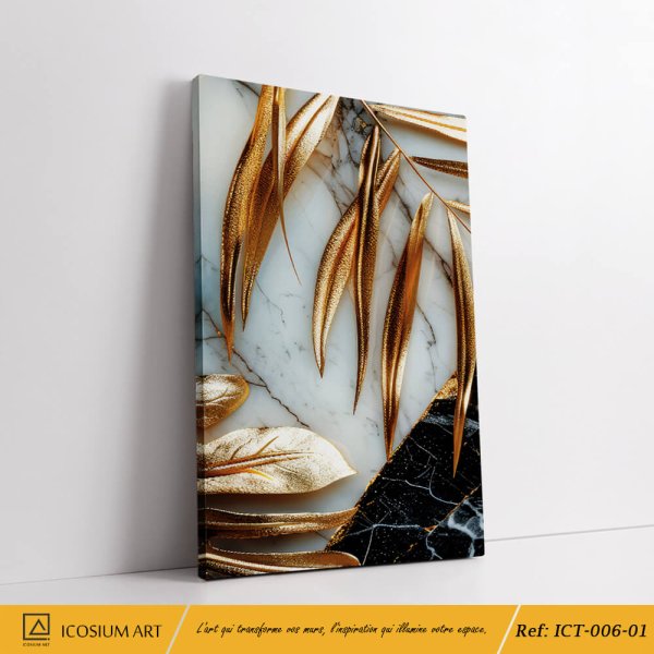 "Triptyque Feuilles Dorées sur Marbre – Élégance & Luxe Intemporel" – Image 3