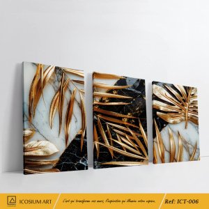 "Triptyque Feuilles Dorées sur Marbre – Élégance & Luxe Intemporel"