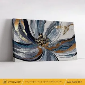Toile Florale Fleur Éclatante – Élégance Abstraite en Bleus et Dorés