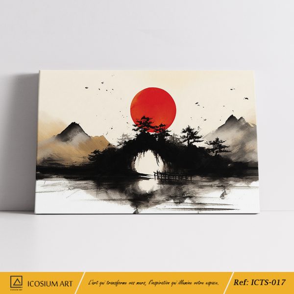 Sérénité Japonaise – Art Zen Minimaliste, Paysage Brumeux & Soleil Rouge – Image 2
