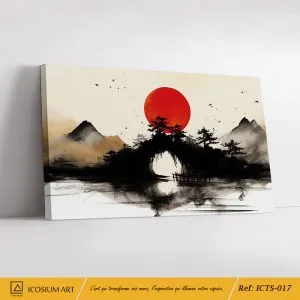 Sérénité Japonaise – Art Zen Minimaliste, Paysage Brumeux & Soleil Rouge