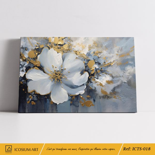 Élégance Florale – Peinture en Relief, Fleur Bleu-Gris & Doré sur Toile – Image 2