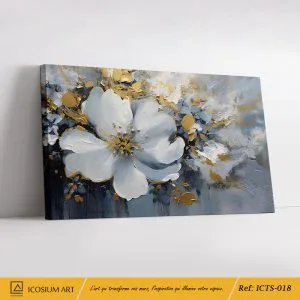 Élégance Florale – Peinture en Relief, Fleur Bleu-Gris & Doré sur Toile