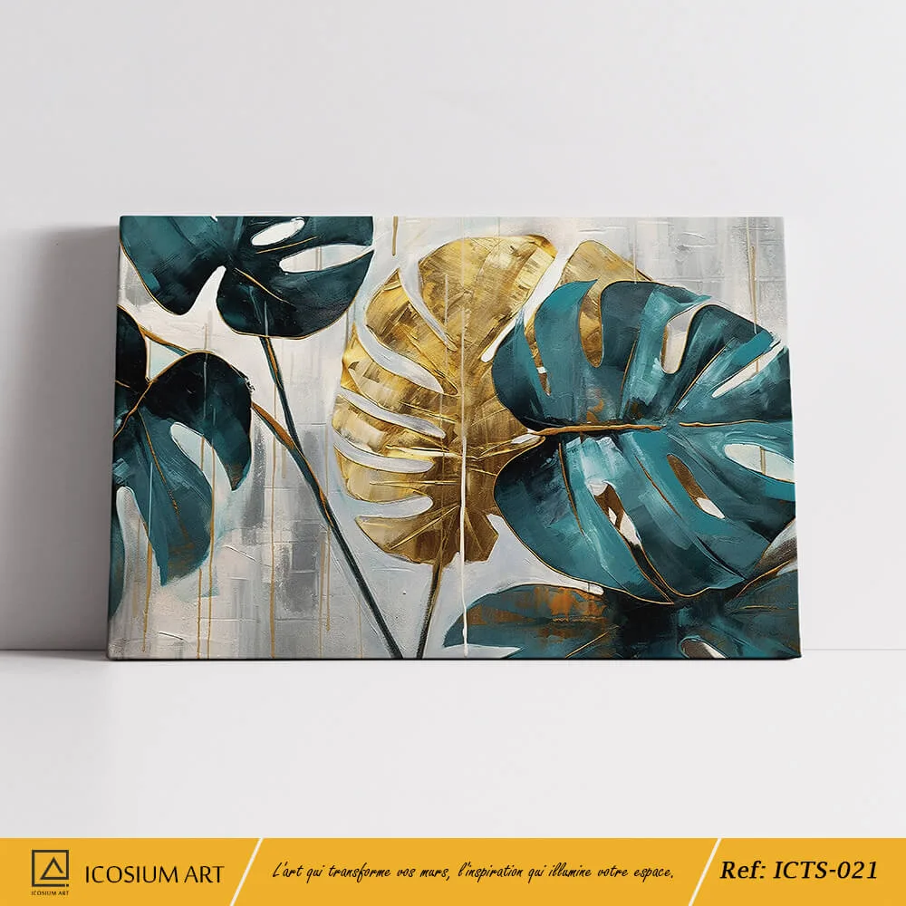 Évasion Tropicale – Feuilles de Monstera Dorées sur Toile, Style Nature Chic – Image 2