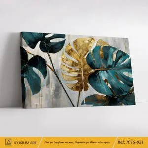 Évasion Tropicale – Feuilles de Monstera Dorées sur Toile, Style Nature Chic