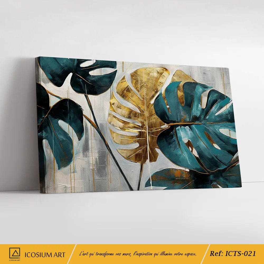 Évasion Tropicale – Feuilles de Monstera Dorées sur Toile, Style Nature Chic