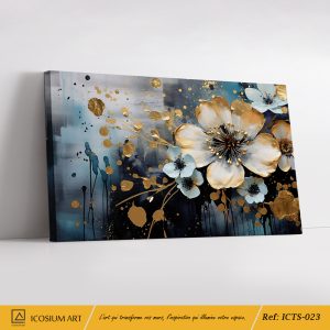 Éclat Doré – Harmonie Florale en Bleu Profond et Doré, Élégance Texturée