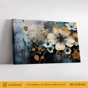 Éclat Doré – Harmonie Florale en Bleu Profond et Doré, Élégance Texturée