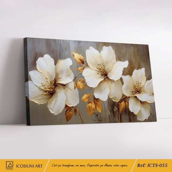 Peinture Florale Raffinée – Touches Dorées et Design Apaisant