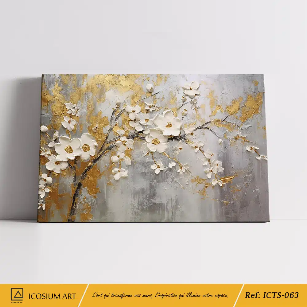 Tableau Éclosion Dorée – Œuvre Florale en Relief 3D avec Touches d’Or – Image 2