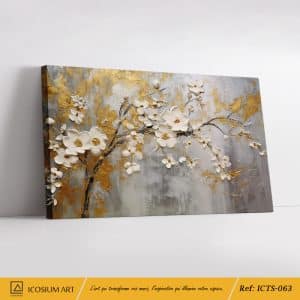 Tableau Éclosion Dorée – Œuvre Florale en Relief 3D avec Touches d’Or