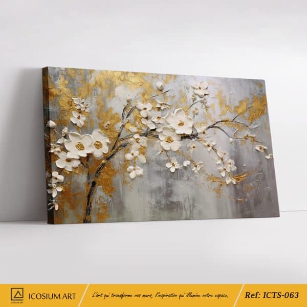 Tableau Éclosion Dorée – Œuvre Florale en Relief 3D avec Touches d’Or