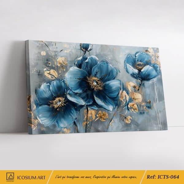 Fleurs d’Azur : Tableau 3D Floral Bleu Profond avec Détails Dorés
