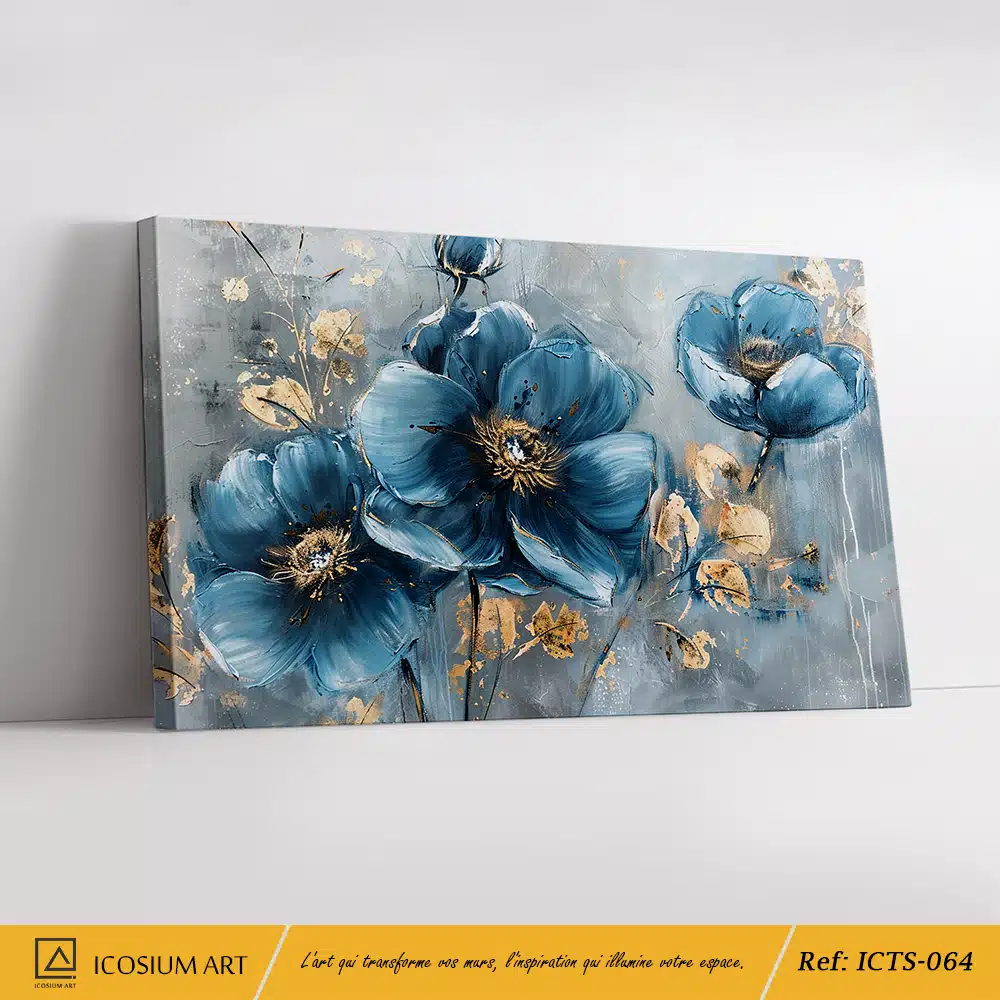 Fleurs d’Azur : Tableau 3D Floral Bleu Profond avec Détails Dorés