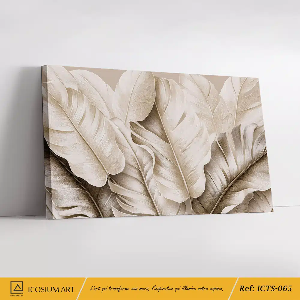 Tableau Élégance Tropicale : Feuilles Exotiques en Relief 3D aux Tons Doux – Image 2