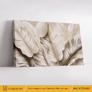 Tableau Élégance Tropicale : Feuilles Exotiques en Relief 3D aux Tons Doux
