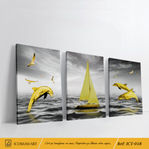 "Triptyque Dauphins Dorés & Voilier – Évasion et Élégance Intemporelle"