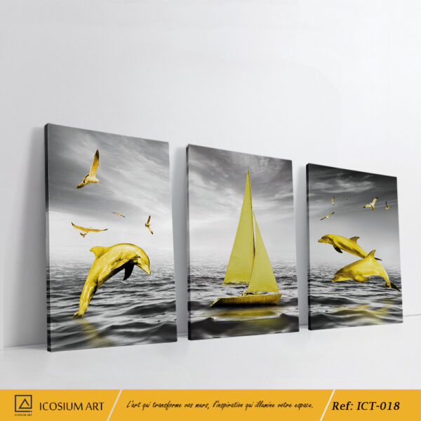 "Triptyque Dauphins Dorés & Voilier – Évasion et Élégance Intemporelle"