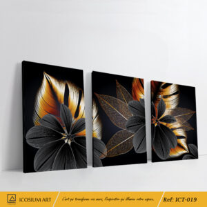 "Triptyque Floral Noir & Or – Élégance et Modernité Intemporelle"