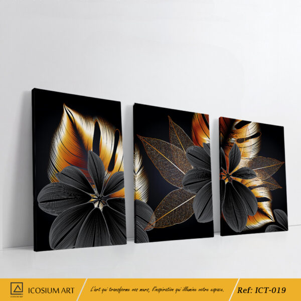 "Triptyque Floral Noir & Or – Élégance et Modernité Intemporelle"