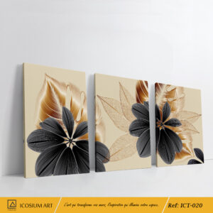 "Triptyque Floral Noir, Or & Beige – Luxe et Élégance Intemporelle"