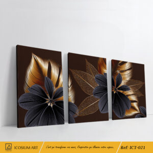 "Triptyque Floral Noir, Or & Brun – Élégance et Chaleur pour Votre Intérieur"