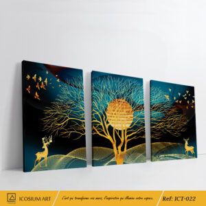 "Triptyque Paysage Nocturne – Cerfs Dorés & Forêt Enchantée"