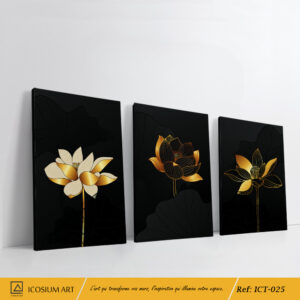 "Triptyque Lotus Doré – Décoration Murale Zen et Élégante"