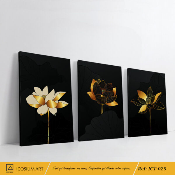 "Triptyque Lotus Doré – Décoration Murale Zen et Élégante"