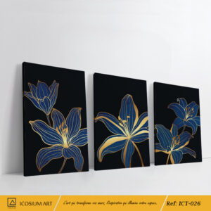 "Triptyque Lys Bleu et Or – Décoration Murale Élégante et Sophistiquée"