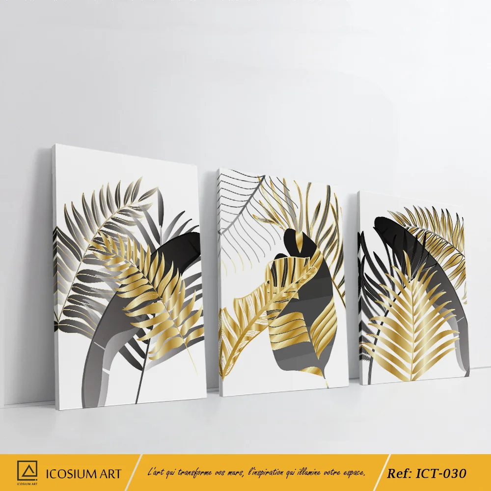 "Triptyque Feuillage Doré – Décoration Murale Élégante et Tropicale"