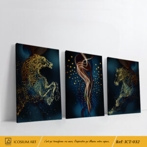 "Triptyque Équestre Doré – Décoration Murale Élégante et Dynamique"
