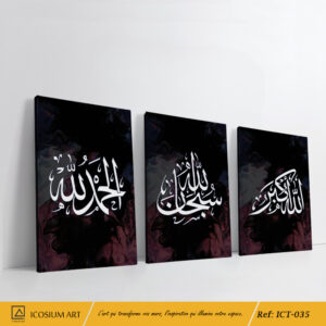 "Triptyque Calligraphie Arabe – Décoration Murale en Blanc et Noir Marbré"