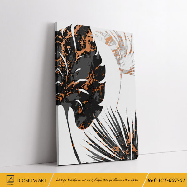"Triptyque Feuillage Épuré – Décoration Murale Moderne en Noir, Blanc et Or" – Image 2