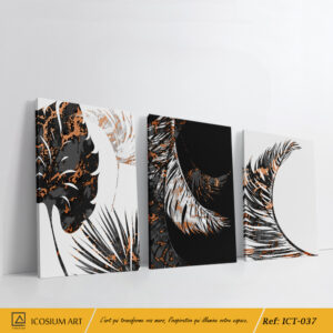 "Triptyque Feuillage Épuré – Décoration Murale Moderne en Noir, Blanc et Or"