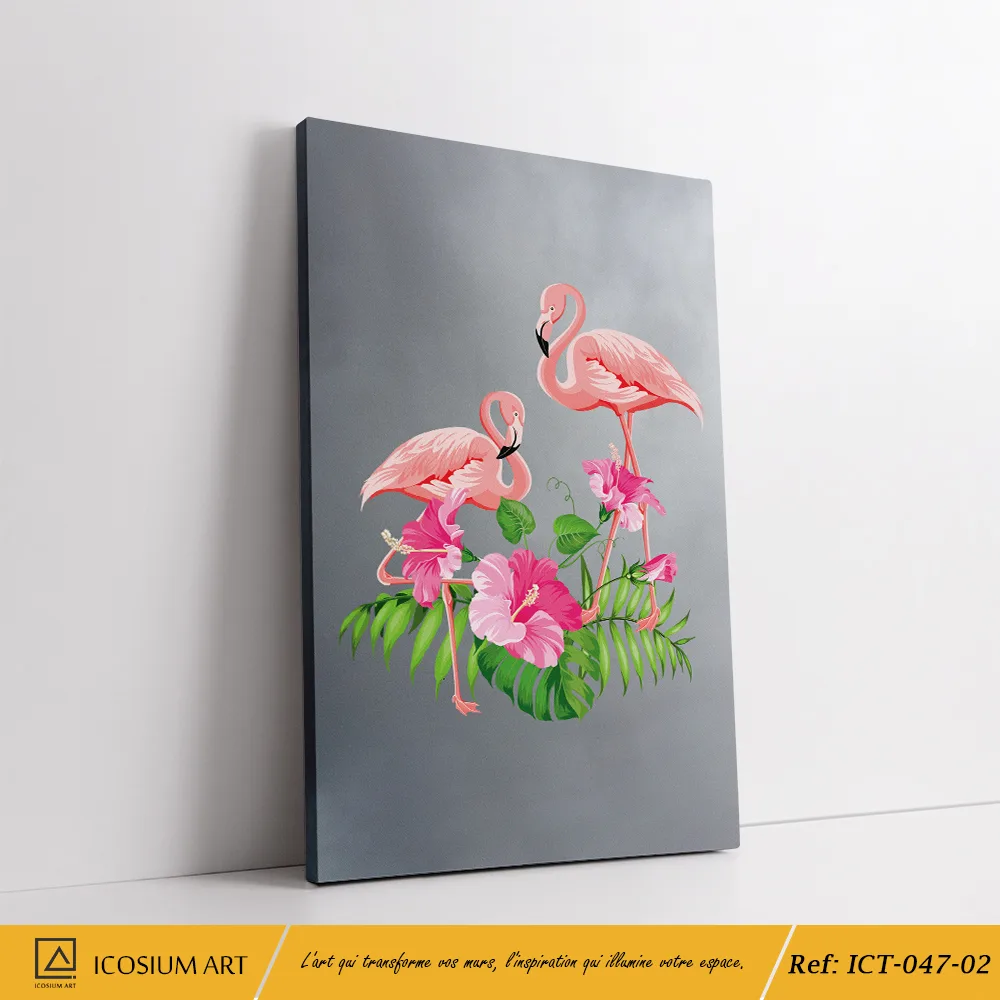 Triptyque Flamants Roses – Élégance Tropicale sur Fond Gris – Image 3
