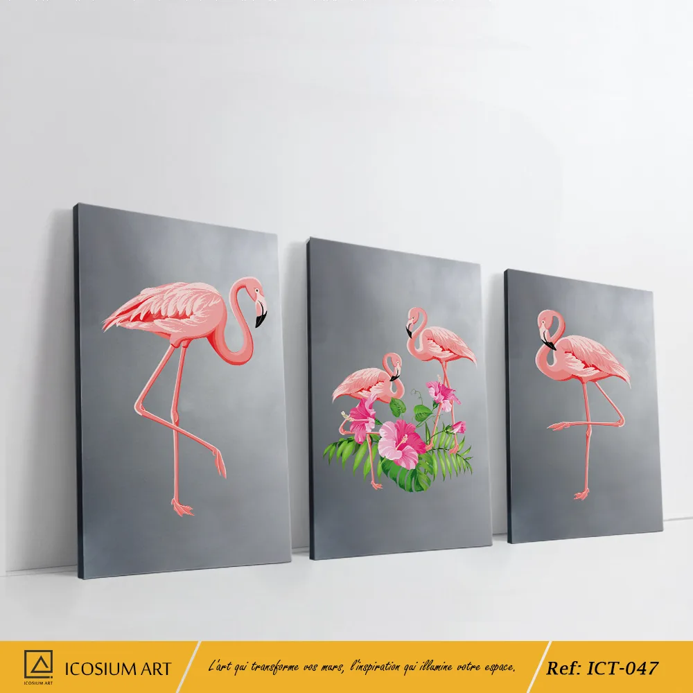 Triptyque Flamants Roses – Élégance Tropicale sur Fond Gris