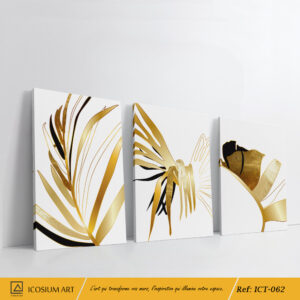 Trio décoratif élégent - feuilles tropicales stylisées en or & en noir, fond blanc