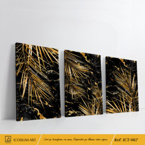 Triptyque Marbre Noir & Feuilles Dorées – Luxe et Sophistication Moderne