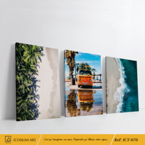 Trio surf et plage - Combi avec des planches de surf, vue aérienne des palmiers & vagues