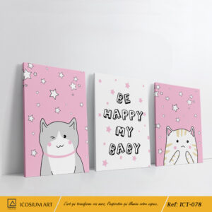 Trio félin rose et blanc - fond étoilé ,texte"be happy my baby", chats mignonnes