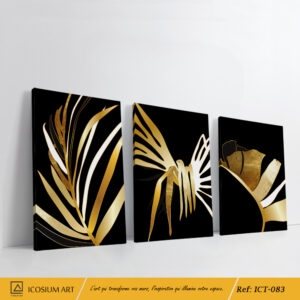 Trio décoratif élégent - feuilles tropicales stylisées en or & en noir, fond noir