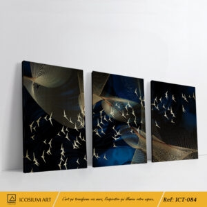 Trio décoratif élégent - oiseaux dorés, fond bleu foncé & de doré, lignes ondulantes