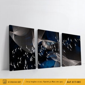 Trio décoratif élégent - oiseaux blancs, fond bleu foncé & de gris, lignes ondulantes