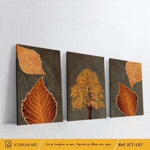 Trio décoratif automnal - Arbre, feuilles aux teintes brun & orange, fond gris