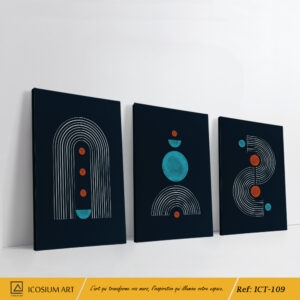 Trio décoratif élégent - impression sur verre trempé, fond bleu nuit, formes géométriques