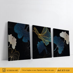 Trio décoratif élégent - feuilles de Ginkgo biloba dorées, bleues & beiges, fond noir