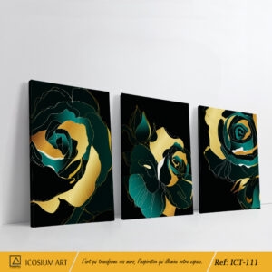 Trio décoratif élégent - roses abstraites aux pétales verts foncés & dorés, fond noir
