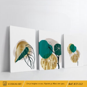 Trio décoratif élégent -détails floraux en vert & en or, lignes noirs fines, fond beige